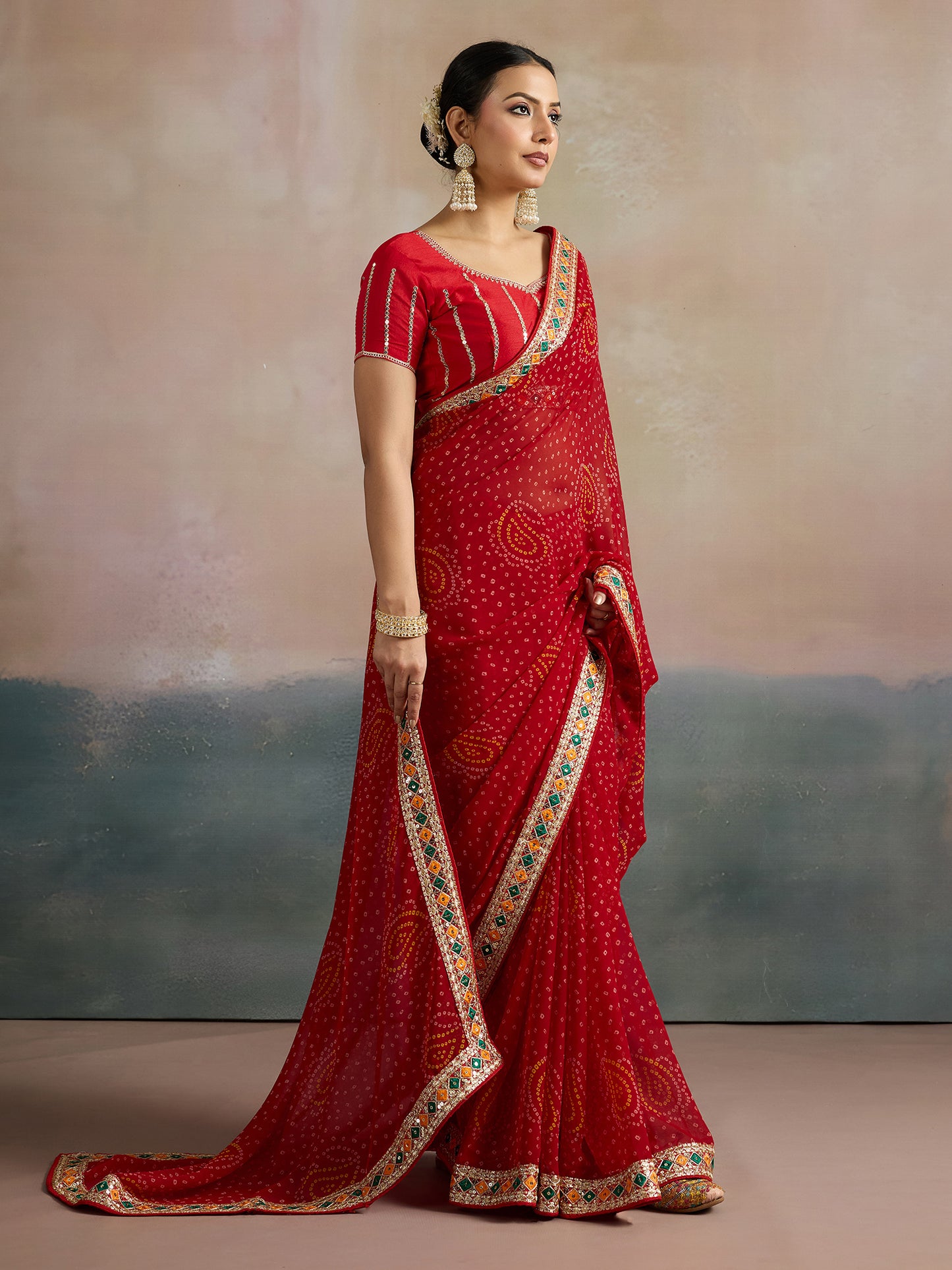 Women's Georgette Red Printed Designer Saree With Blouse Piece