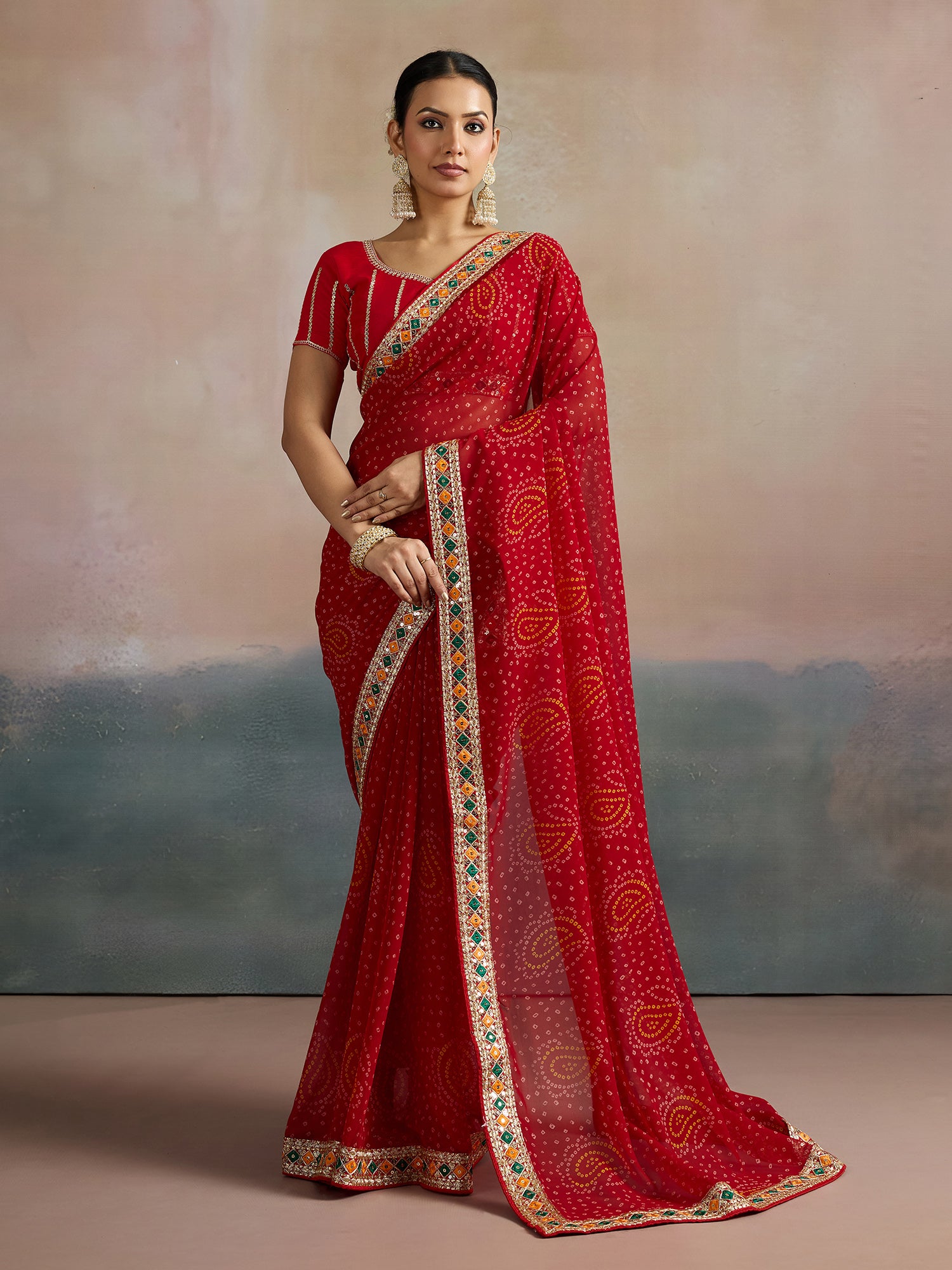 Women's Georgette Red Printed Designer Saree With Blouse Piece