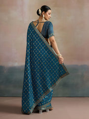 Women's Dola Silk Teal blue Digital Print Designer Saree With Blouse Piece
