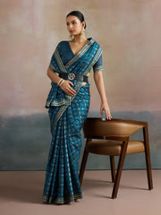 Women's Dola Silk Teal blue Digital Print Designer Saree With Blouse Piece