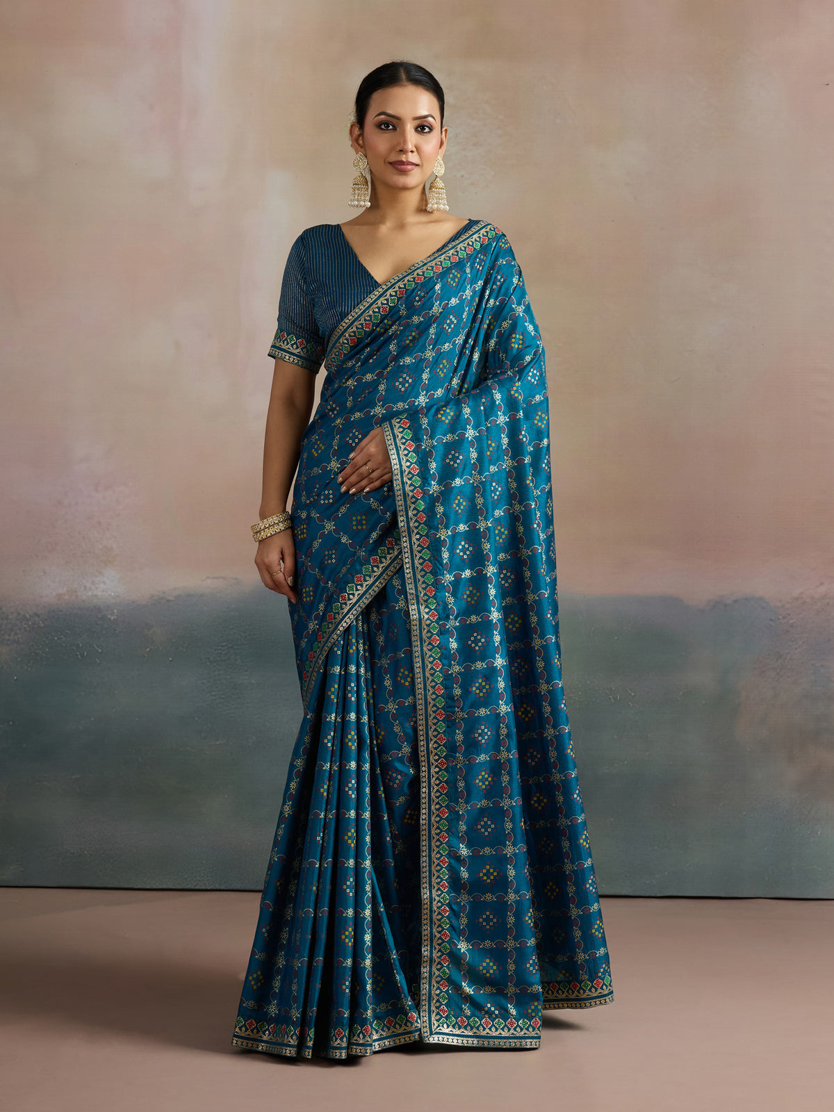 Women's Dola Silk Teal blue Digital Print Designer Saree With Blouse Piece