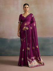 Women's Organza Magenta Woven Design Designer Saree With Blouse Piece