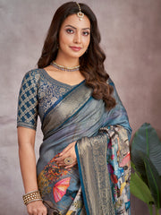 ساري نسائي أزرق مطبوع من الفسكوز مع قطعة بلوزة