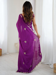 Women's chinnon Purple Embellished Designer Saree With Blouse Piece