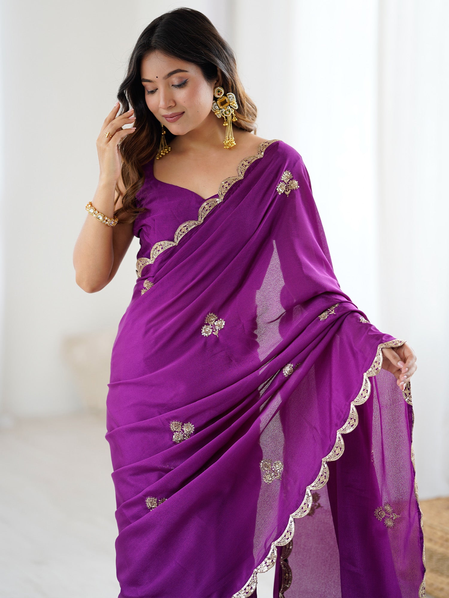 Women's chinnon Purple Embellished Designer Saree With Blouse Piece