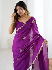 Women's chinnon Purple Embellished Designer Saree With Blouse Piece