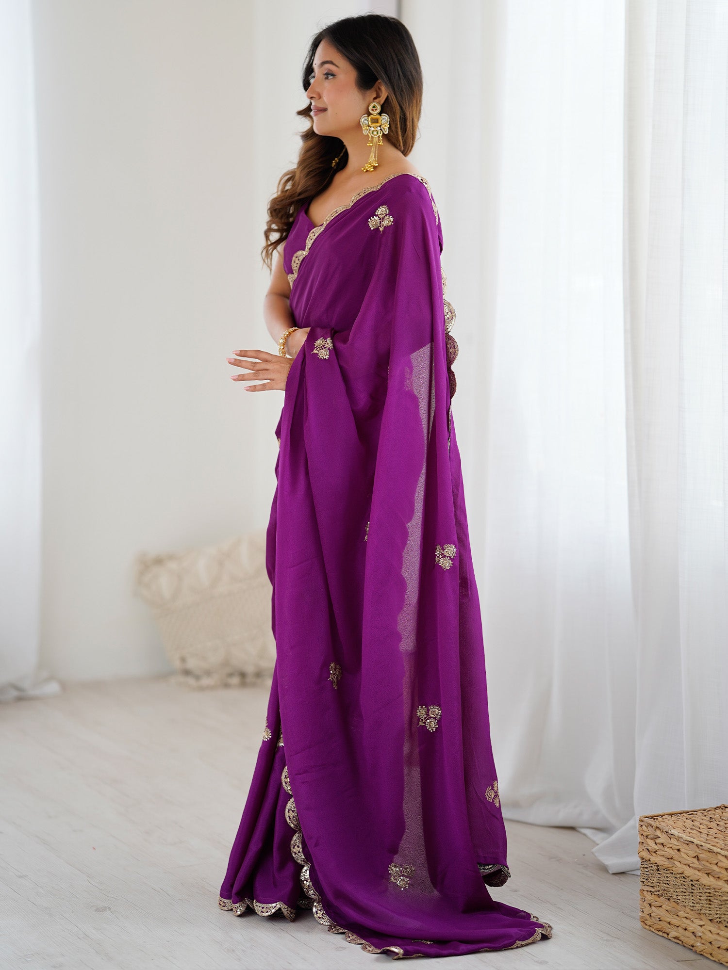 Women's chinnon Purple Embellished Designer Saree With Blouse Piece