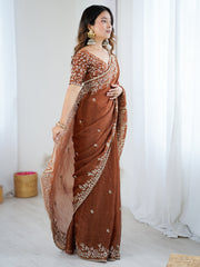 Women's Chiffon Brown Embellished Designer Saree With Blouse Piece