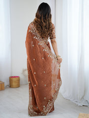Women's Chiffon Brown Embellished Designer Saree With Blouse Piece