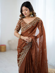 Women's Chiffon Brown Embellished Designer Saree With Blouse Piece