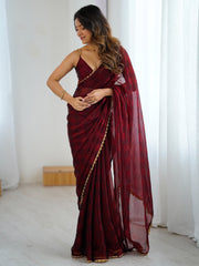 Women's Chiffon Maroon Embellished Designer Saree With Blouse Piece