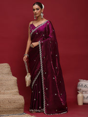 Women's Satin Purple Embellished Designer Saree With Blouse Piece