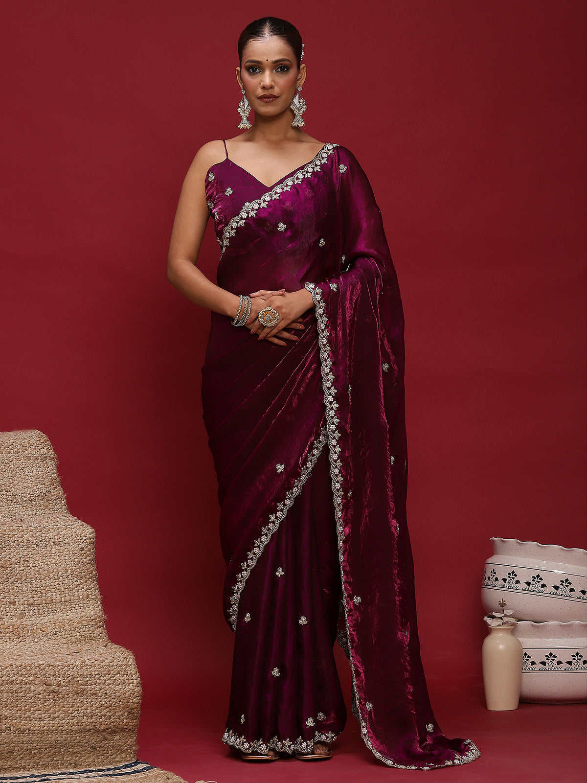 Women's Satin Purple Embellished Designer Saree With Blouse Piece