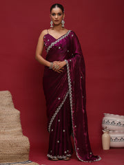 Women's Satin Purple Embellished Designer Saree With Blouse Piece