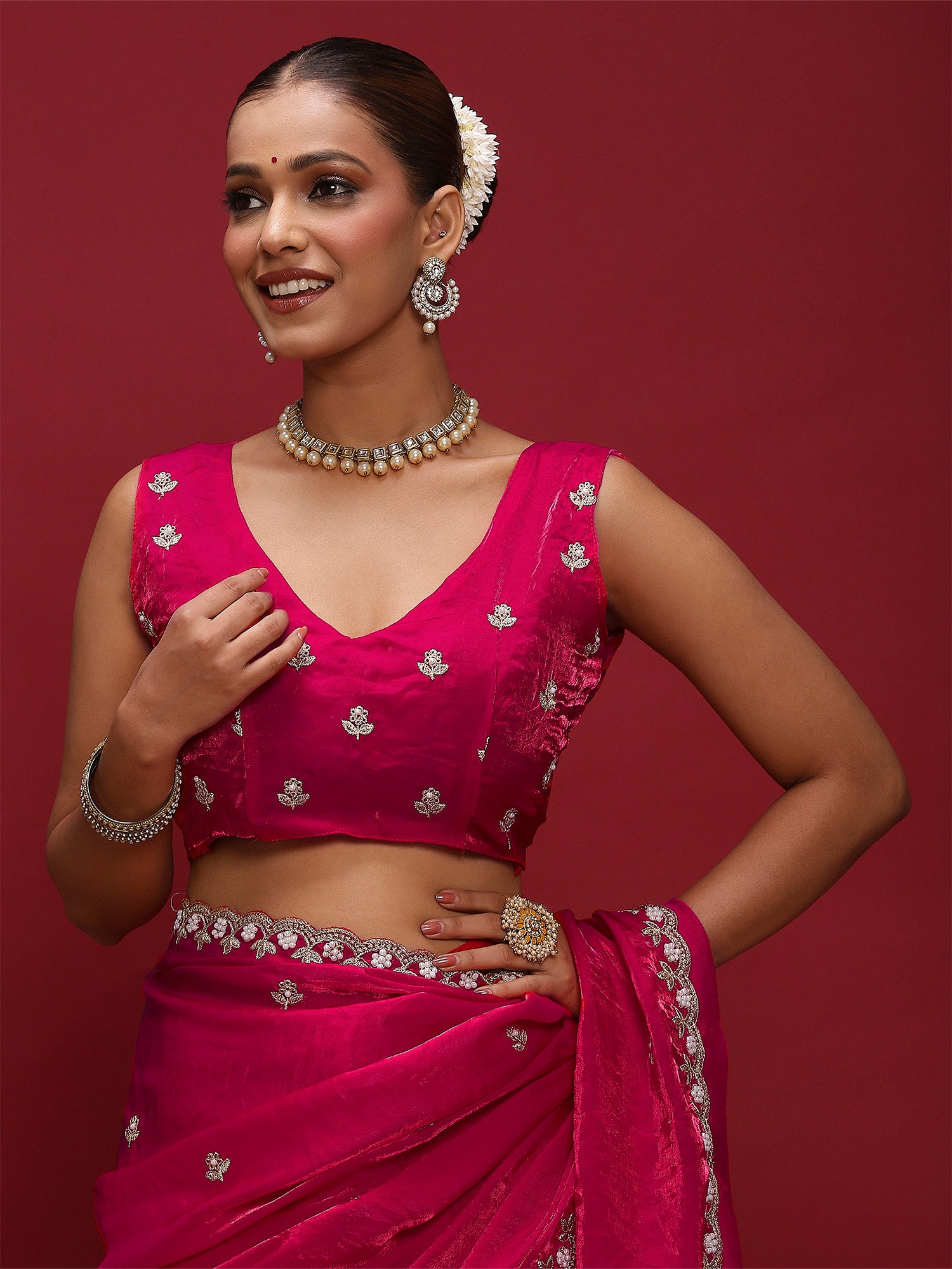 Women's Satin Pink Embellished Designer Saree With Blouse Piece