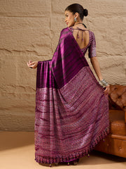 Women's Crepe Purple Printed Designer Saree With Blouse Piece