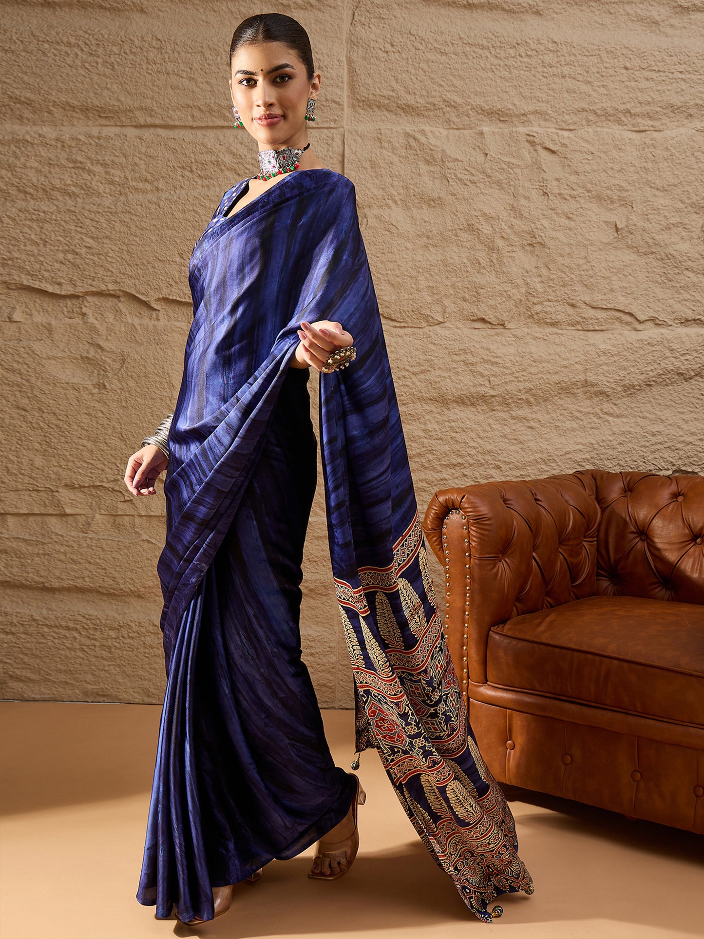 Women's Crepe Blue Printed Designer Saree With Blouse Piece