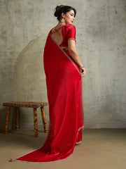 Women's Chiffon Red Embellished Designer Saree With Blouse Piece