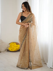 Women's Net Beige Embellished Designer Saree With Blouse Piece
