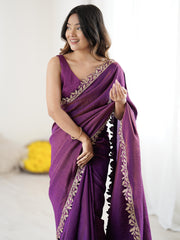Women's Silk Purple Embellished Designer Saree With Blouse Piece
