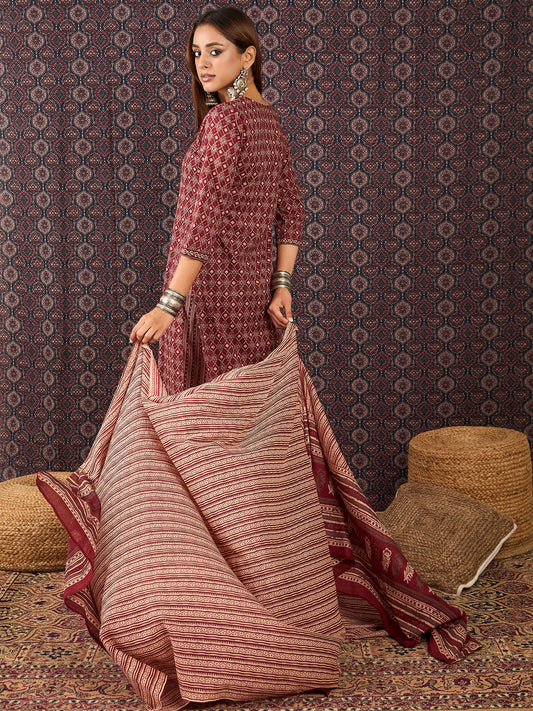 Mustard Embroidered Straight Kurta Trousers With Dupatta Set