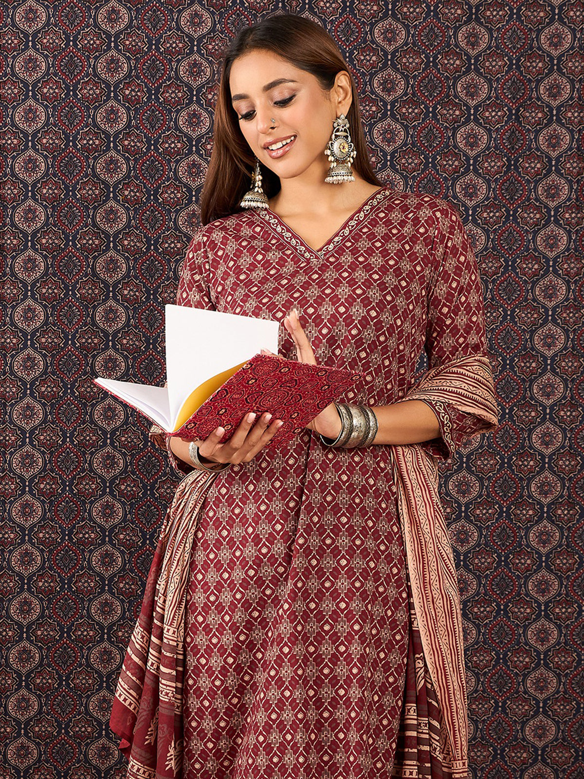Mustard Embroidered Straight Kurta Trousers With Dupatta Set