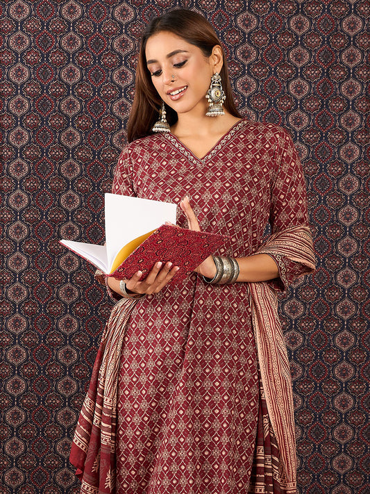 Mustard Embroidered Straight Kurta Trousers With Dupatta Set