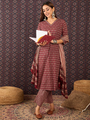 Mustard Embroidered Straight Kurta Trousers With Dupatta Set