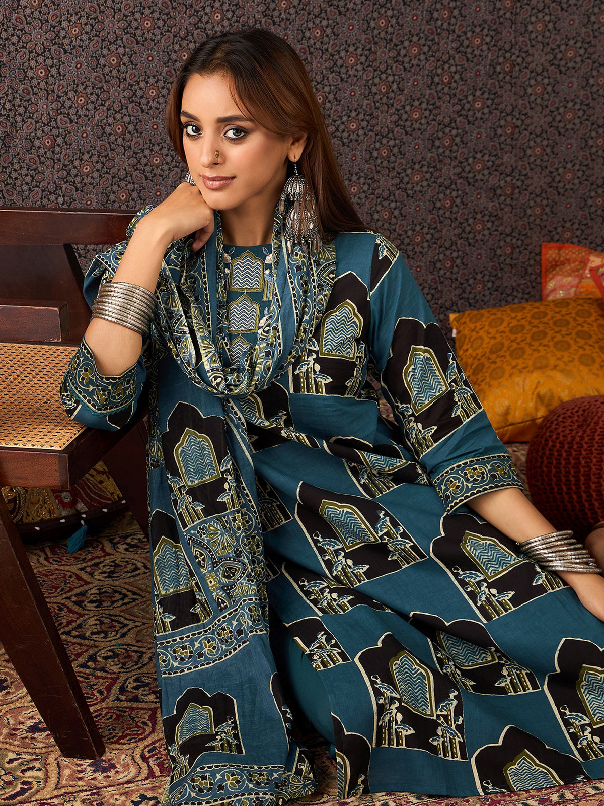 Maroon Printed Straight Kurta Trousers With Dupatta Set