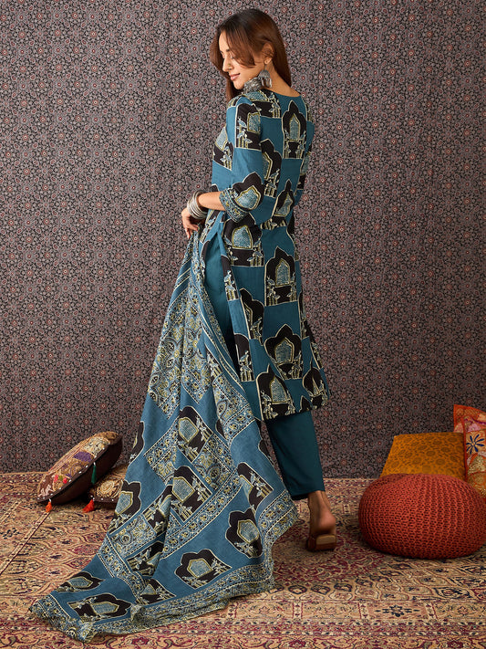 Maroon Printed Straight Kurta Trousers With Dupatta Set