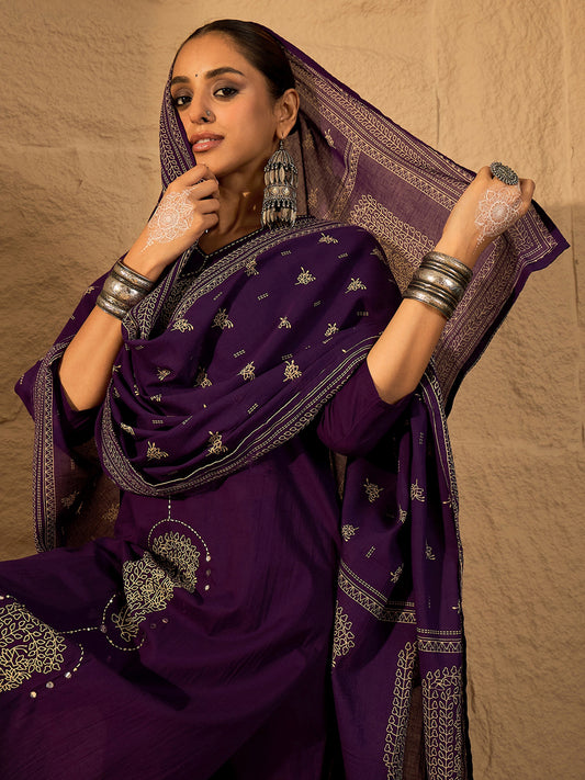 Beige Printed Straight Kurta Trousers With Dupatta Set