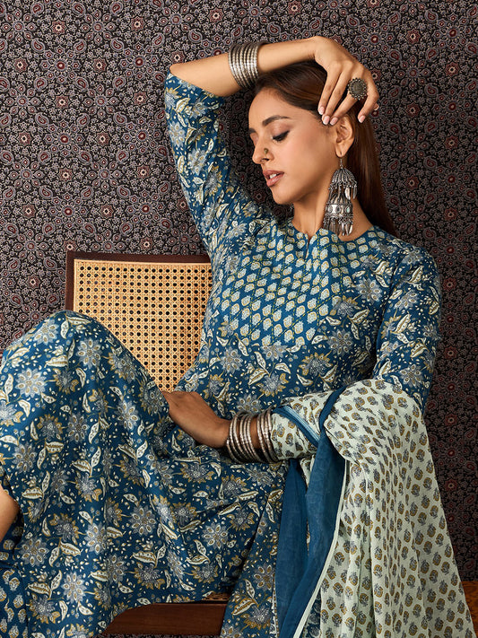 Brown Embroidered Straight Kurta Trousers With Dupatta Set