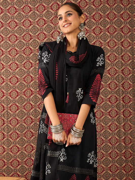 Maroon Printed Straight Kurta Trousers With Dupatta Set