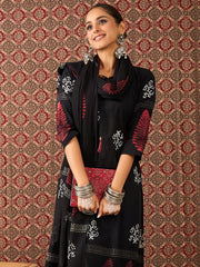 Maroon Printed Straight Kurta Trousers With Dupatta Set