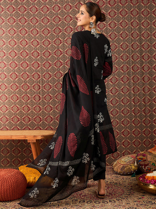 Maroon Printed Straight Kurta Trousers With Dupatta Set