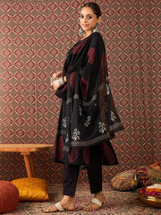 Maroon Printed Straight Kurta Trousers With Dupatta Set