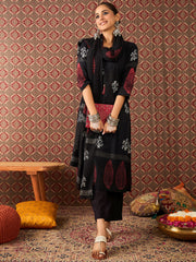 Maroon Printed Straight Kurta Trousers With Dupatta Set