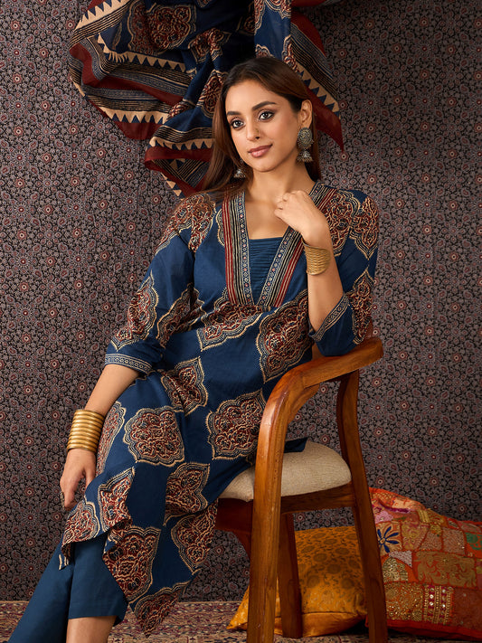 Black Printed Straight Kurta Trousers With Dupatta set