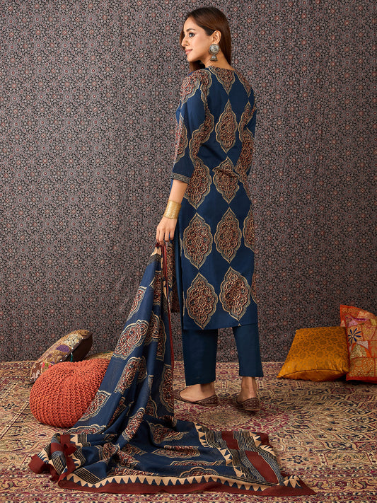 Black Printed Straight Kurta Trousers With Dupatta set