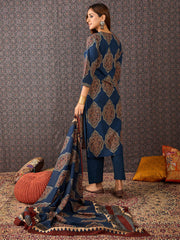 Black Printed Straight Kurta Trousers With Dupatta set
