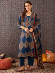 Black Printed Straight Kurta Trousers With Dupatta set