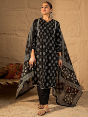 Black Embroidered A-Line Kurta Trousers With Dupatta Set