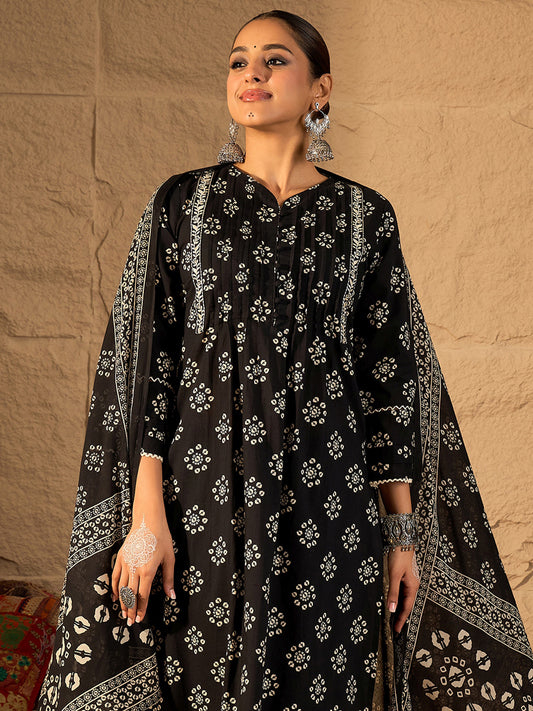 Black Embroidered A-Line Kurta Trousers With Dupatta Set