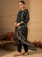 Black Embroidered A-Line Kurta Trousers With Dupatta Set
