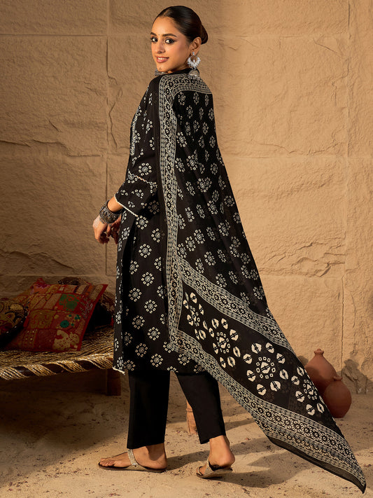 Black Embroidered A-Line Kurta Trousers With Dupatta Set