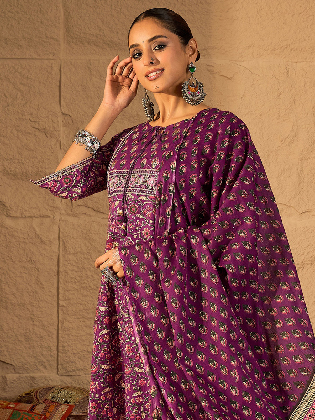 Yellow Embroidered Straight Kurta Trousers With Dupatta Set