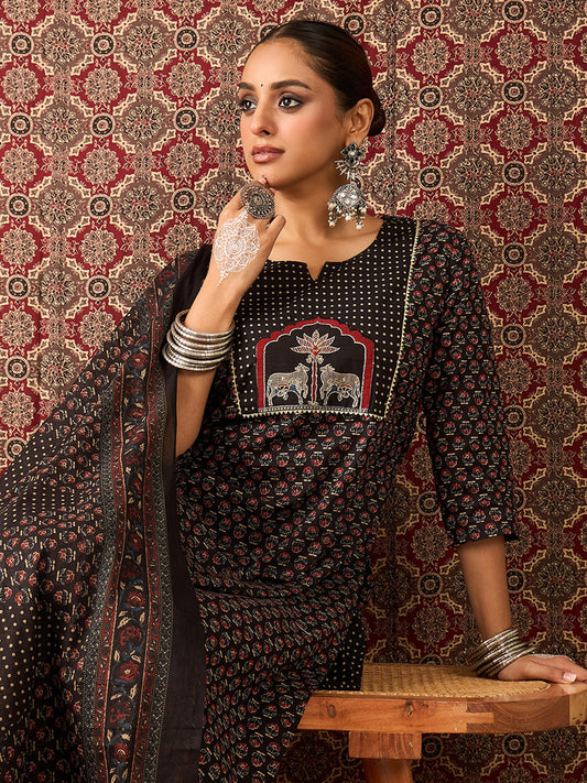 Pink Embroidered Straight Kurta Trousers With Dupatta Set