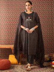 Pink Embroidered Straight Kurta Trousers With Dupatta Set