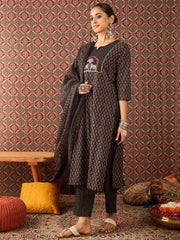 Pink Embroidered Straight Kurta Trousers With Dupatta Set