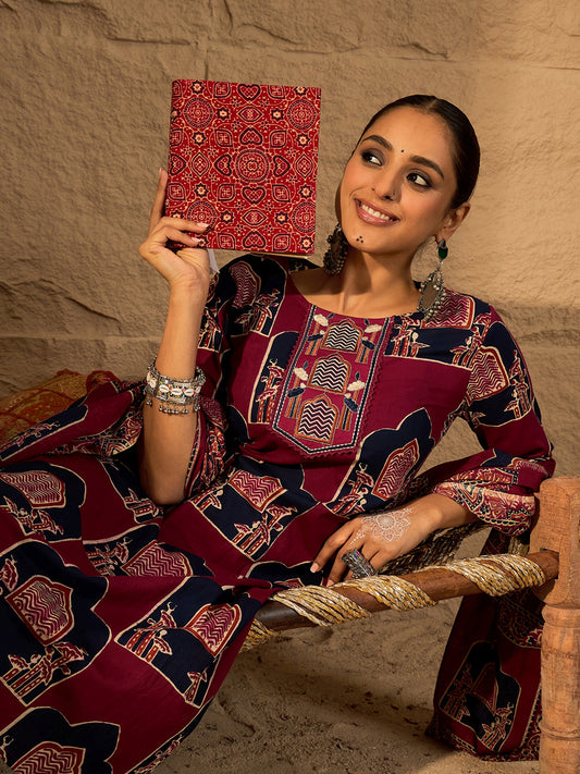 Purple Self Design Straight Kurta Trousers With Dupatta Set